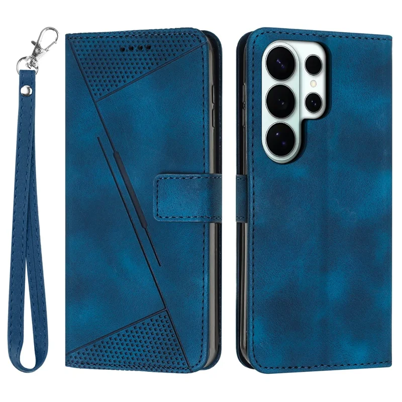 Großhandelskauf für Samsung Galaxy S25 Ultra Ledertasche mit aufgedrucktem Dreiecksmuster, Handyhülle mit Handschlaufe - Blau