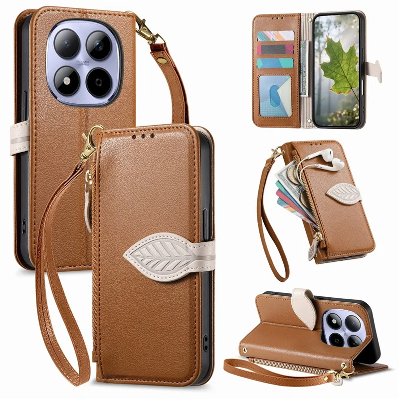 For Xiaomi Redmi Note 15 Pro 5G (Global) Stand Case Leaf Shape Magnetic Clasp Leather Phone Cover with Hand Strap - Brown