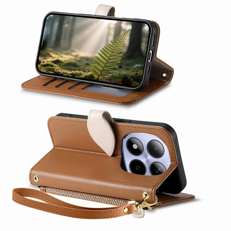For Xiaomi Redmi Note 15 Pro 5G (Global) Stand Case Leaf Shape Magnetic Clasp Leather Phone Cover with Hand Strap - Brown