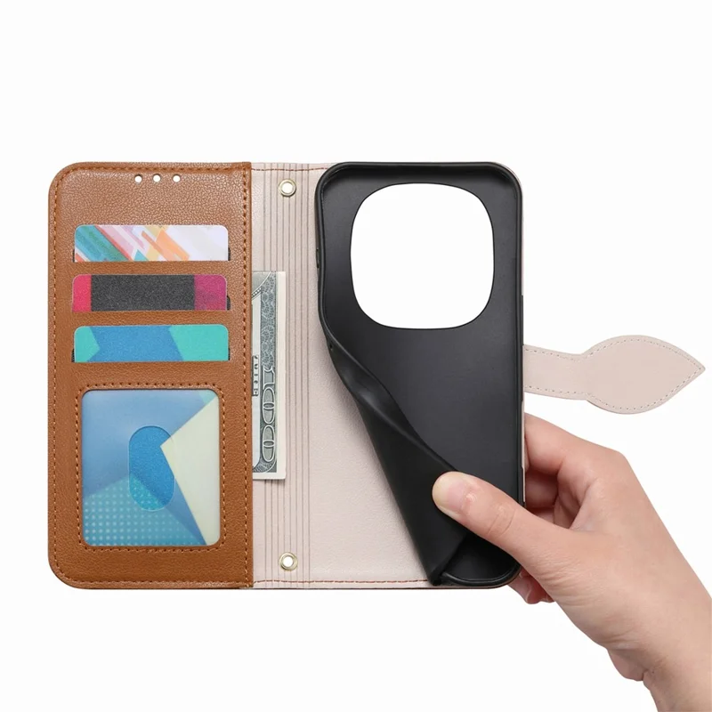 For Xiaomi Redmi Note 15 Pro 5G (Global) Stand Case Leaf Shape Magnetic Clasp Leather Phone Cover with Hand Strap - Brown