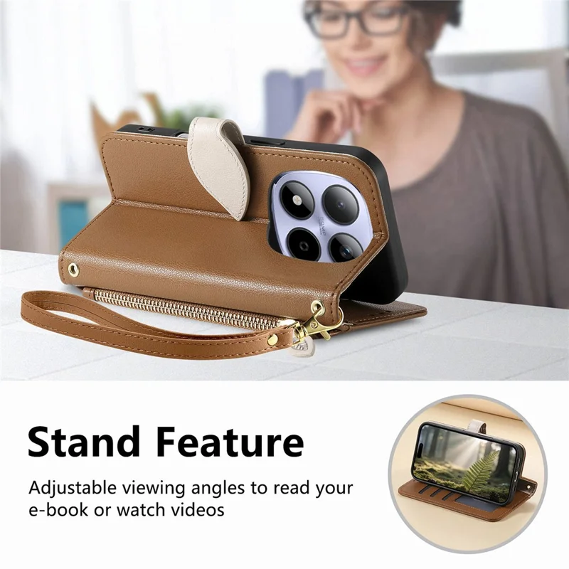 For Xiaomi Redmi Note 15 Pro 5G (Global) Stand Case Leaf Shape Magnetic Clasp Leather Phone Cover with Hand Strap - Brown
