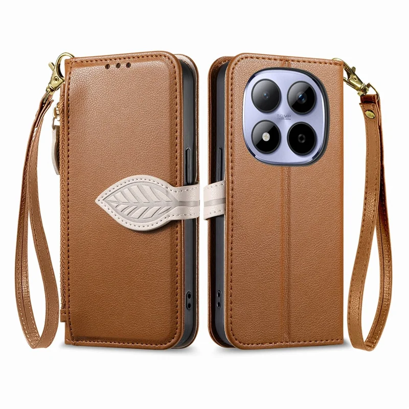 For Xiaomi Redmi Note 15 Pro 5G (Global) Stand Case Leaf Shape Magnetic Clasp Leather Phone Cover with Hand Strap - Brown