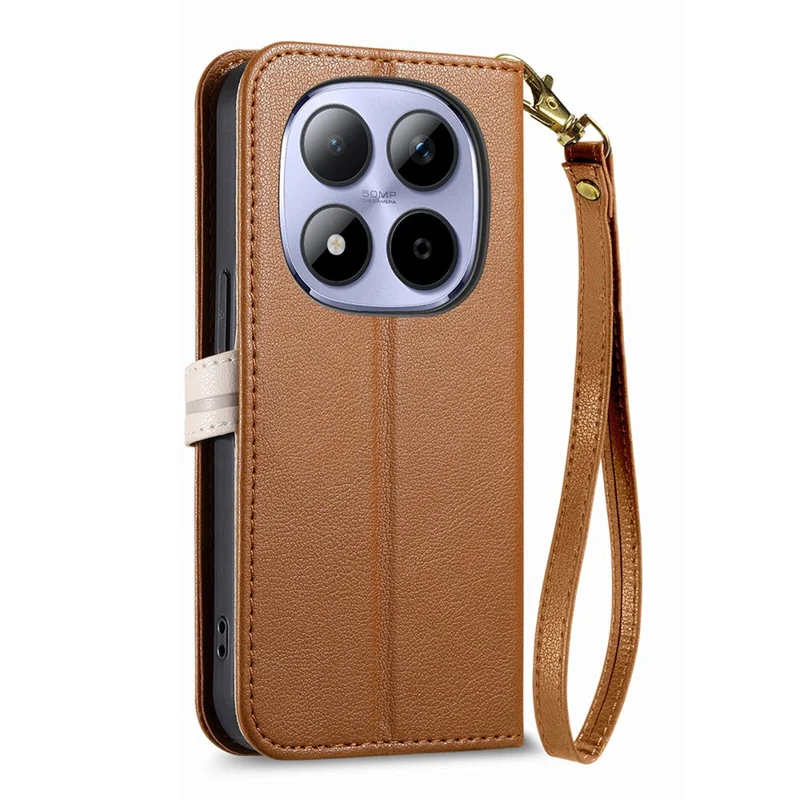 For Xiaomi Redmi Note 15 Pro 5G (Global) Stand Case Leaf Shape Magnetic Clasp Leather Phone Cover with Hand Strap - Brown