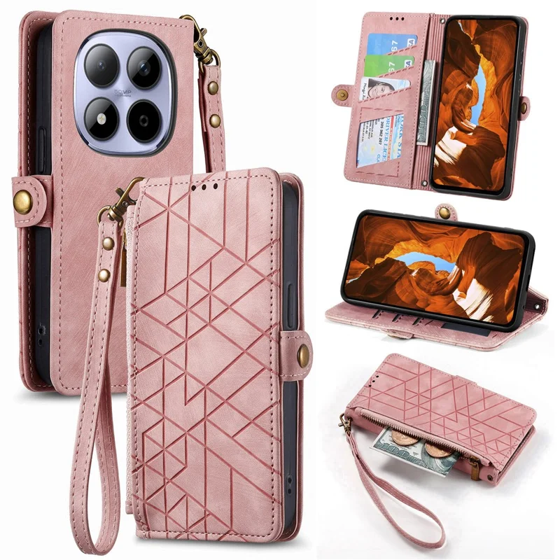 For Xiaomi Redmi Note 15 Pro 5G (Global) Case Zipper Wallet Geometry Lines Leather Phone Cover with Strap - Pink
