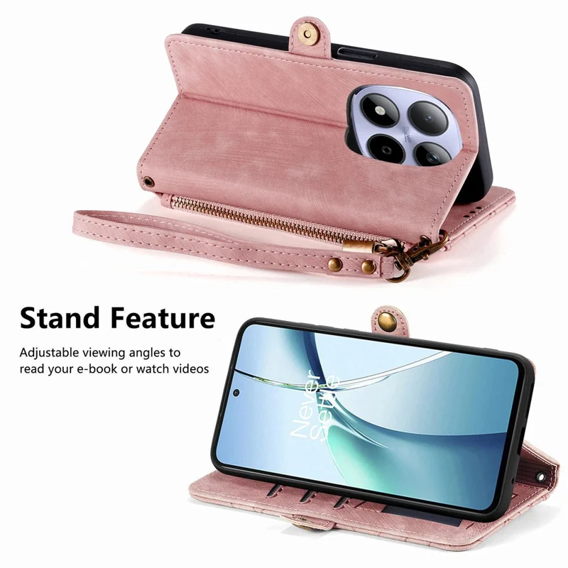 For Xiaomi Redmi Note 15 Pro 5G (Global) Case Zipper Wallet Geometry Lines Leather Phone Cover with Strap - Pink