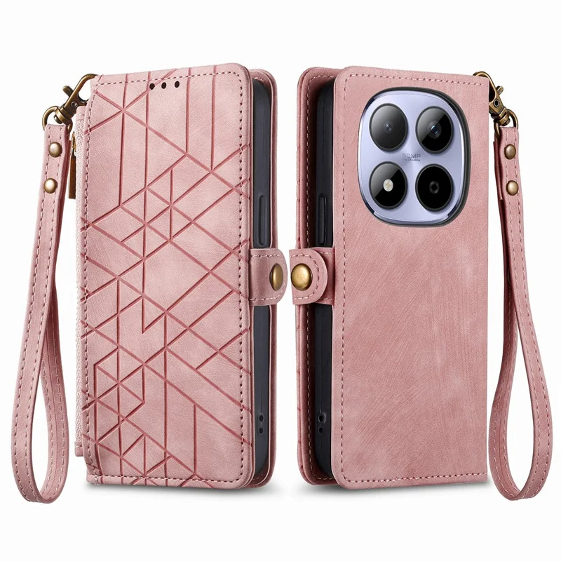 For Xiaomi Redmi Note 15 Pro 5G (Global) Case Zipper Wallet Geometry Lines Leather Phone Cover with Strap - Pink