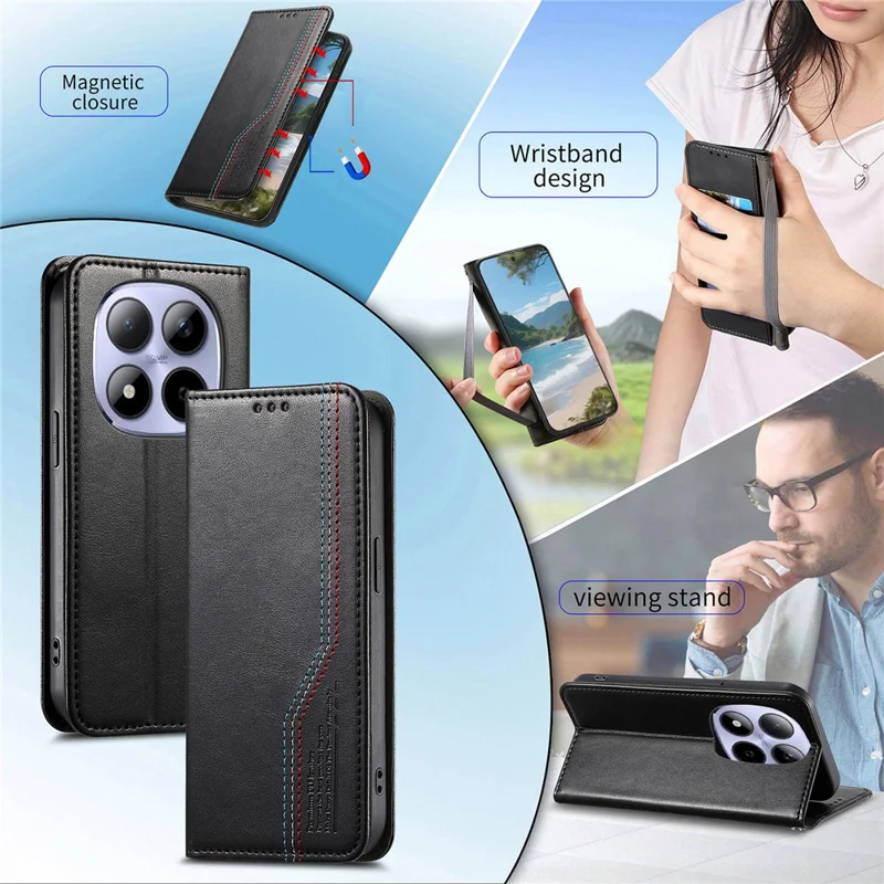 For Xiaomi Redmi Note 15 Pro 5G (Global) Case Wallet Tri-Color Stitching Leather Phone Cover with Elastic Wristband - Black