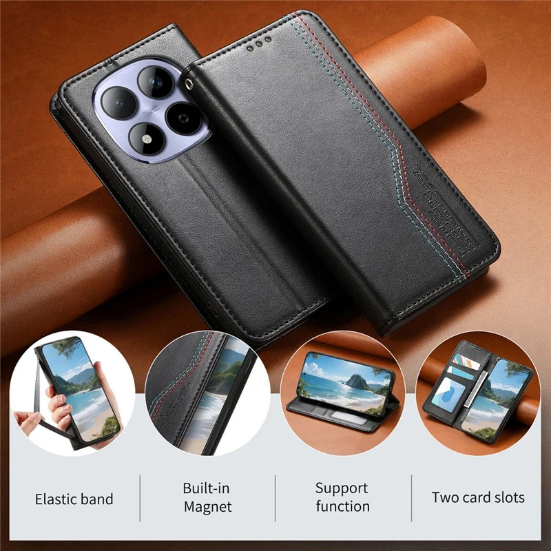 For Xiaomi Redmi Note 15 Pro 5G (Global) Case Wallet Tri-Color Stitching Leather Phone Cover with Elastic Wristband - Black