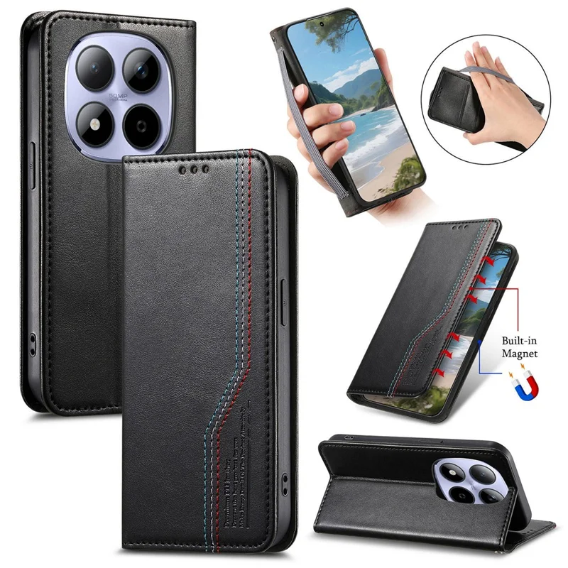 For Xiaomi Redmi Note 15 Pro 5G (Global) Case Wallet Tri-Color Stitching Leather Phone Cover with Elastic Wristband - Black