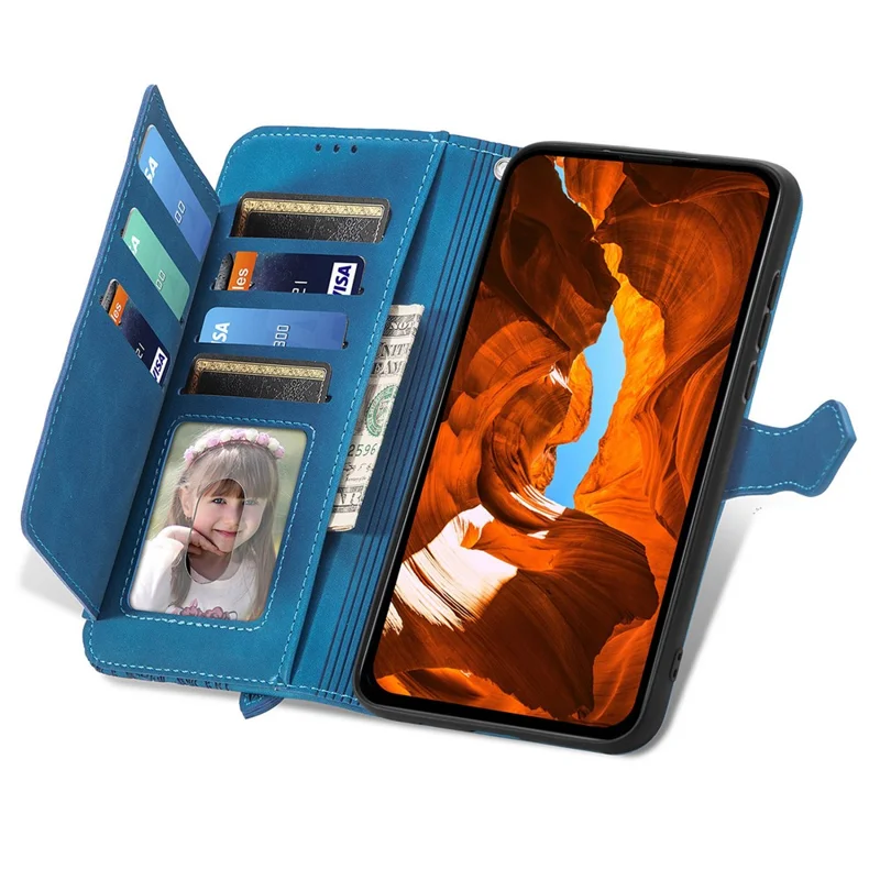 For Xiaomi Redmi Note 15 Pro 5G (Global) Zipper Wallet Case with Strap Flower Imprint PU Leather Phone Cover - Blue