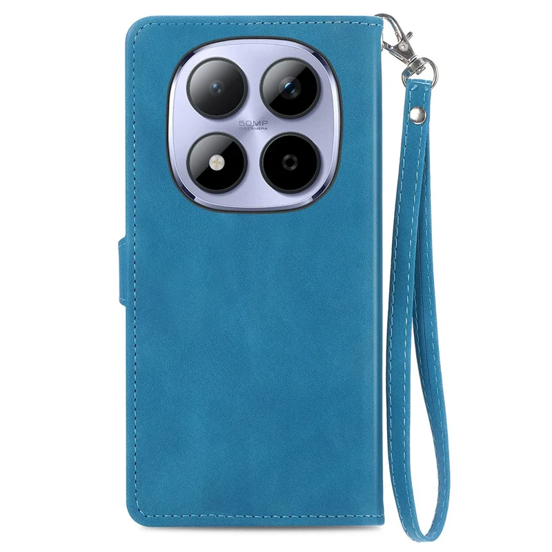 For Xiaomi Redmi Note 15 Pro 5G (Global) Zipper Wallet Case with Strap Flower Imprint PU Leather Phone Cover - Blue