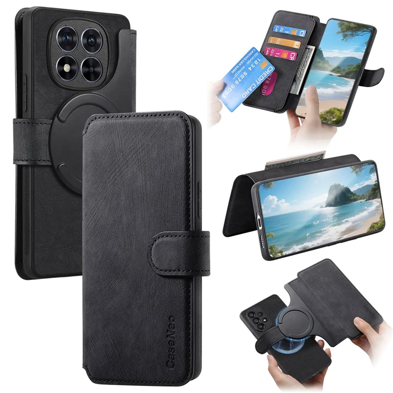 CASENEO MW-03 For Xiaomi Redmi Note 15 Pro 5G (Global) Magnetic Case Detachable Leather Phone Wallet Cover - Black