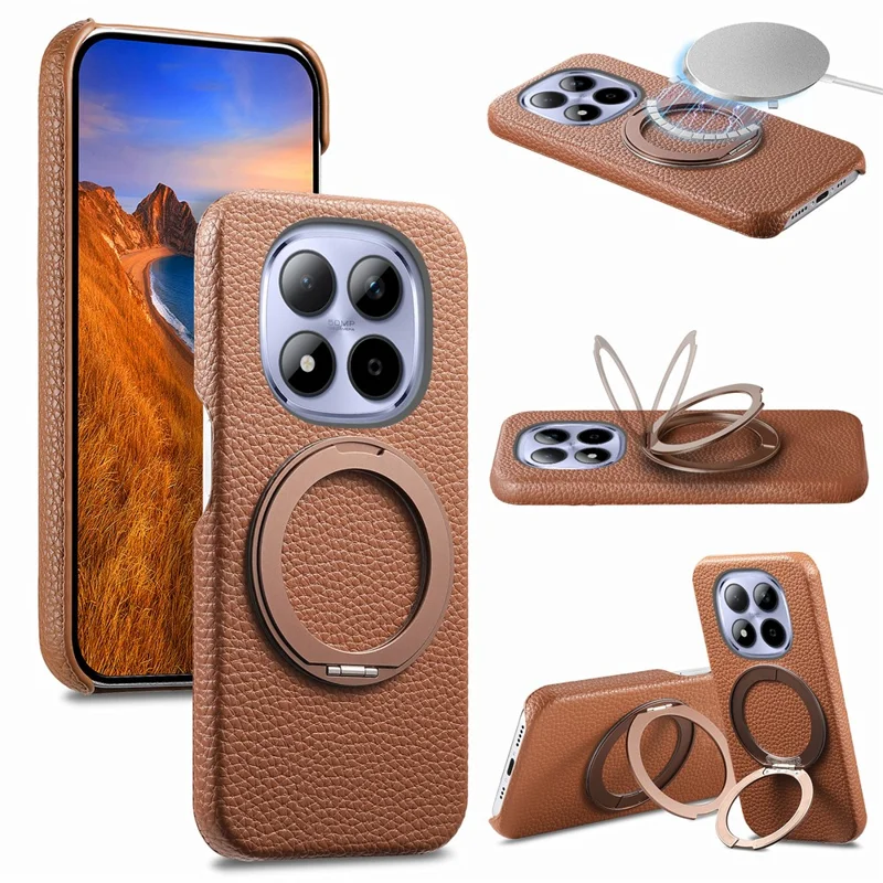 For Xiaomi Redmi Note 15 Pro 5G (Global) Magnetic Case PC PU Phone Cover with 360 Rotating Ring Kickstand - Brown