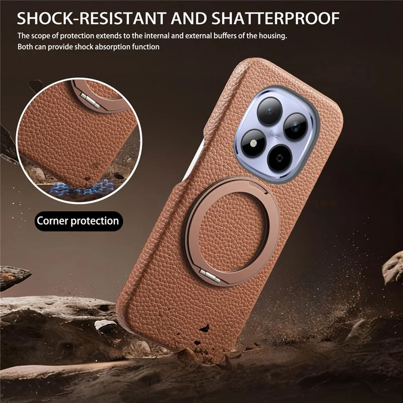 For Xiaomi Redmi Note 15 Pro 5G (Global) Magnetic Case PC PU Phone Cover with 360 Rotating Ring Kickstand - Brown