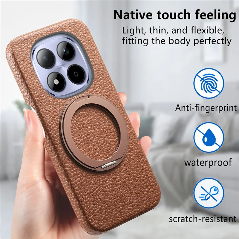 For Xiaomi Redmi Note 15 Pro 5G (Global) Magnetic Case PC PU Phone Cover with 360 Rotating Ring Kickstand - Brown