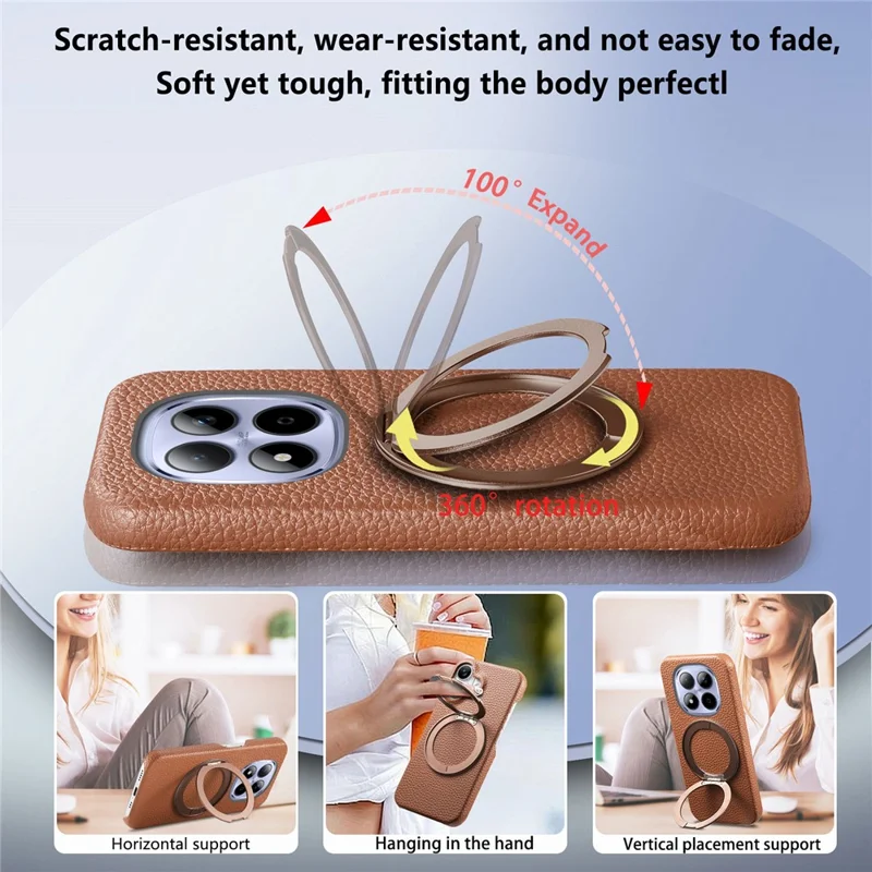 For Xiaomi Redmi Note 15 Pro 5G (Global) Magnetic Case PC PU Phone Cover with 360 Rotating Ring Kickstand - Brown