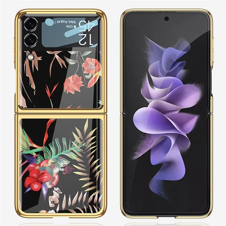 GKK For Samsung Galaxy Z Flip4 5G Floral Pattern Printing Tempered Glass Phone Case Hard PC Electroplated Folding Cover with Small Screen Tempered Glass Film - Flower 09