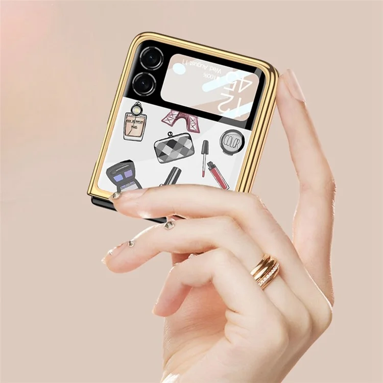 GKK For Samsung Galaxy Z Flip4 5G Floral Pattern Printing Tempered Glass Phone Case Hard PC Electroplated Folding Cover with Small Screen Tempered Glass Film - Flower 09