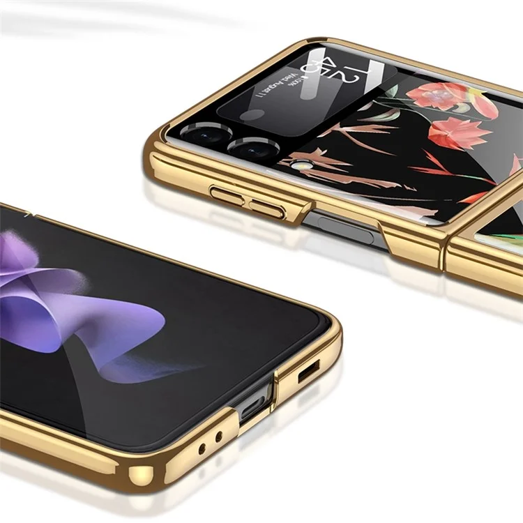 GKK For Samsung Galaxy Z Flip4 5G Floral Pattern Printing Tempered Glass Phone Case Hard PC Electroplated Folding Cover with Small Screen Tempered Glass Film - Flower 09