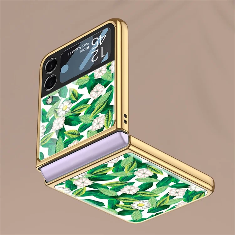GKK For Samsung Galaxy Z Flip4 5G Floral Pattern Printing Tempered Glass Phone Case Hard PC Electroplated Folding Cover with Small Screen Tempered Glass Film - Flower 09