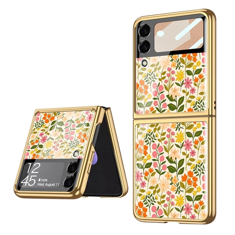 GKK For Samsung Galaxy Z Flip4 5G Floral Pattern Printing Tempered Glass Phone Case Hard PC Electroplated Folding Cover with Small Screen Tempered Glass Film - Flower 02