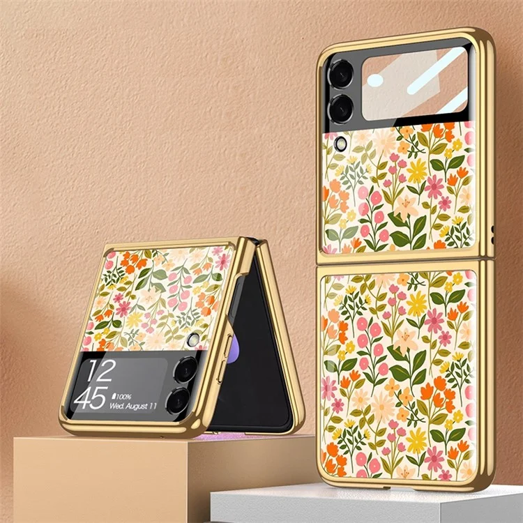 GKK For Samsung Galaxy Z Flip4 5G Floral Pattern Printing Tempered Glass Phone Case Hard PC Electroplated Folding Cover with Small Screen Tempered Glass Film - Flower 02