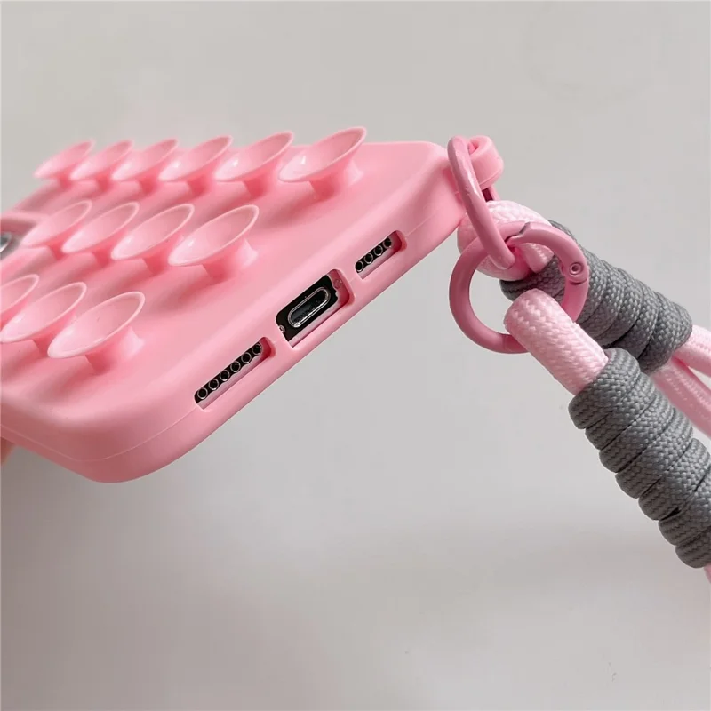 Acquisto all'ingrosso per custodia iPhone 14 Pro con ventosa in silicone anti-caduta con cinturino da polso - Viola