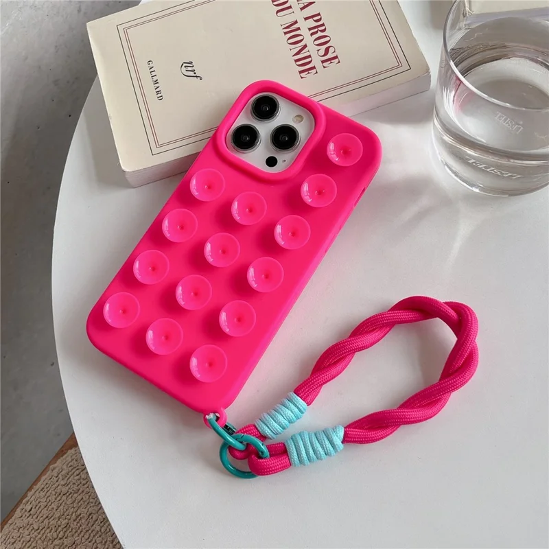Bulk Purchasing For iPhone 14 Pro Case Suction Cup Silicone Anti Drop Phone Cover with Wrist Strap - Rose