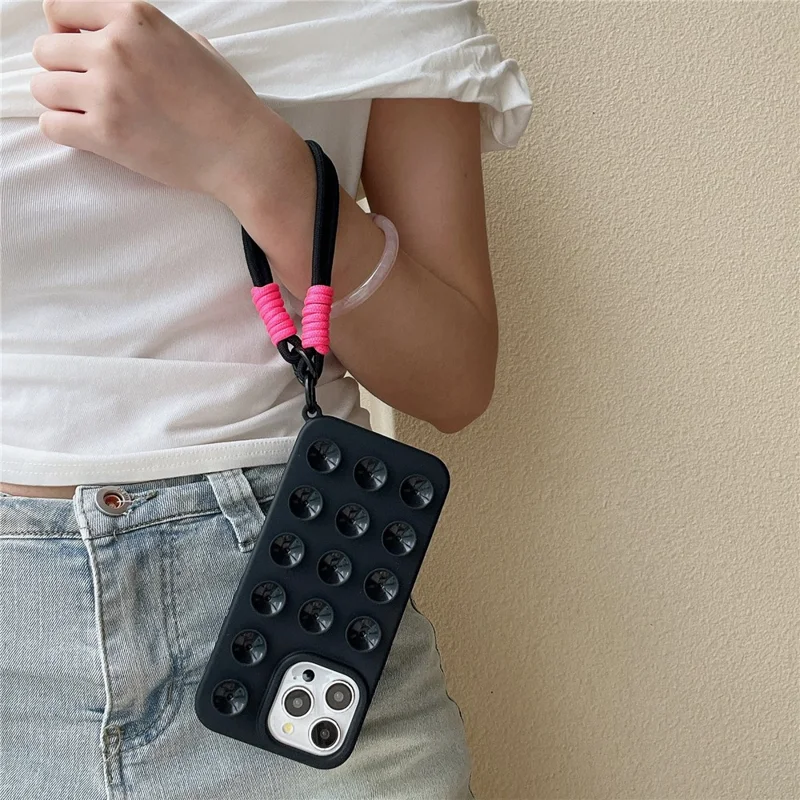 Bulk Purchasing For iPhone 14 Pro Case Suction Cup Silicone Anti Drop Phone Cover with Wrist Strap - Rose