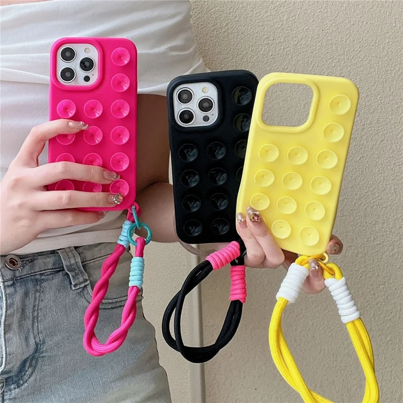 Bulk Purchasing For iPhone 14 Pro Case Suction Cup Silicone Anti Drop Phone Cover with Wrist Strap - Rose