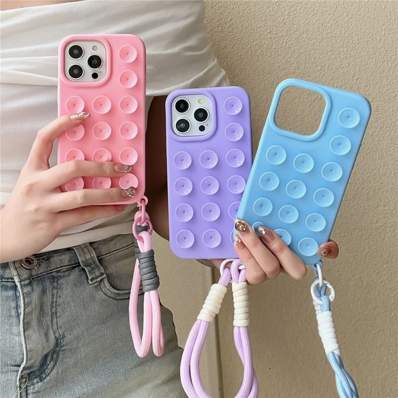 Bulk Purchasing For iPhone 14 Pro Case Suction Cup Silicone Anti Drop Phone Cover with Wrist Strap - Rose