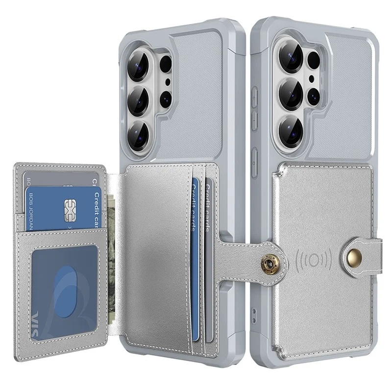 For Samsung Galaxy S26 Ultra Case with Card Holder PU Leather + TPU Phone Back Cover - Silver