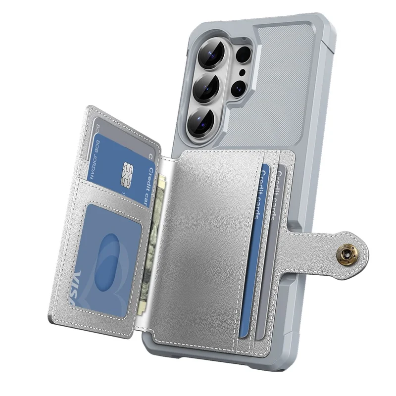 For Samsung Galaxy S26 Ultra Case with Card Holder PU Leather + TPU Phone Back Cover - Silver