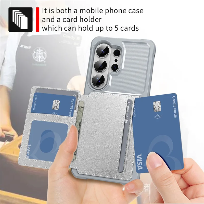 For Samsung Galaxy S26 Ultra Case with Card Holder PU Leather + TPU Phone Back Cover - Silver