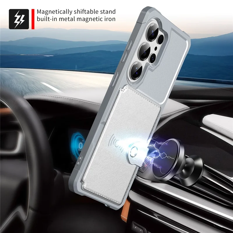 For Samsung Galaxy S26 Ultra Case with Card Holder PU Leather + TPU Phone Back Cover - Silver