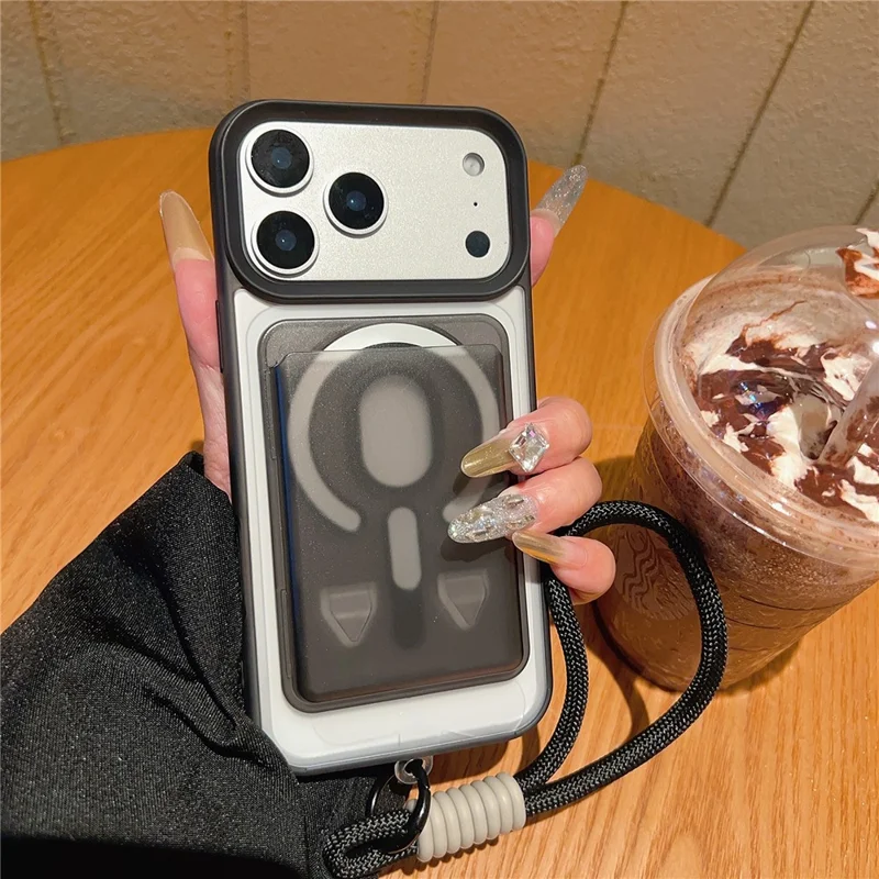 Groothandel Aankoop voor iPhone 17 Pro Max Magnetische Hoesje Afneembare Kaarthouder + Opklapstandaard PC + TPU Telefoonhoesje met Polsbandje - Zwart