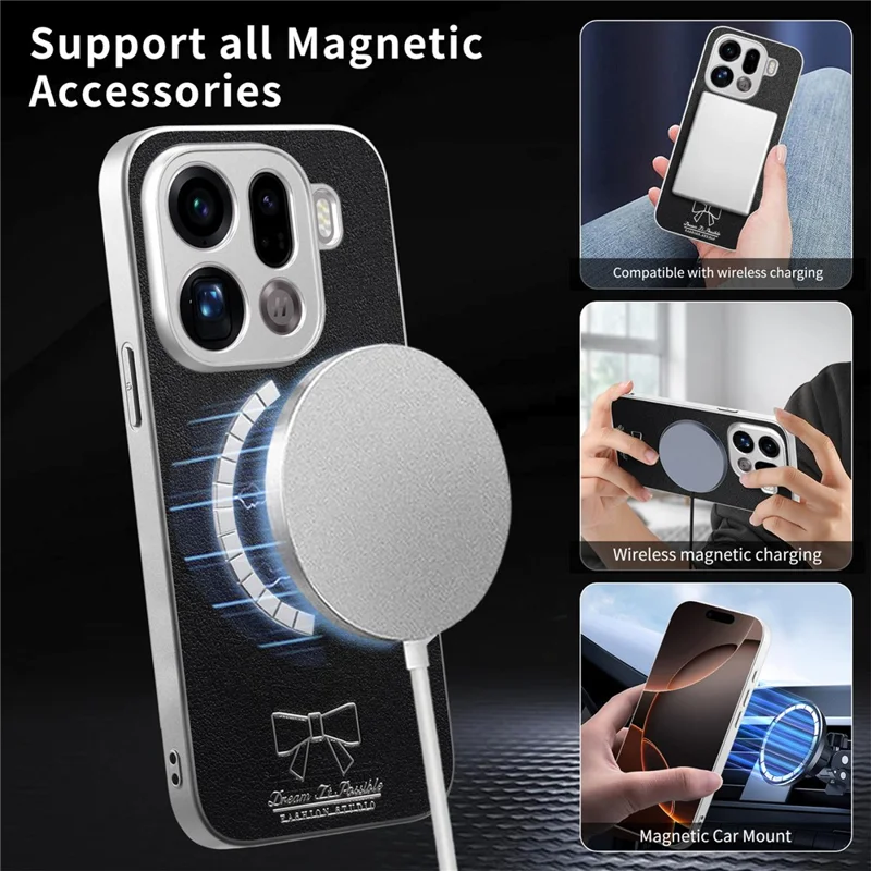 Capa Magnética para Oppo Find X9 Pro 5G com Estampa de Laço Borboleta, Capa para Telemóvel em PU + TPU + PC à Prova de Choques - Preto