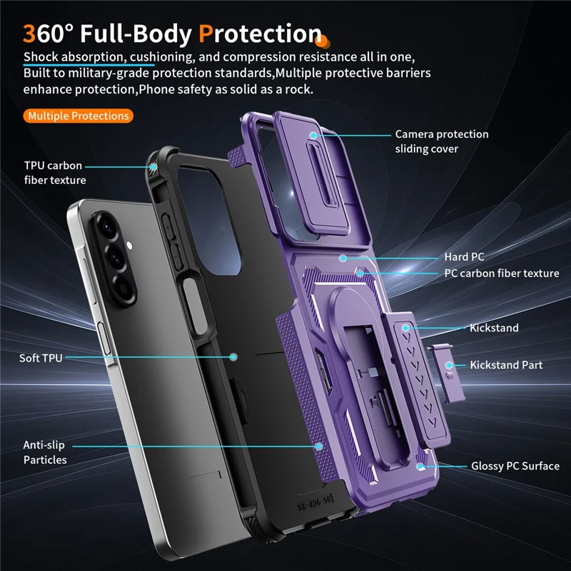 For Samsung Galaxy A26 5G  /  A17 5G  /  A17 4G Case Slide Lens Shield PC + TPU Kickstand Phone Cover - Purple