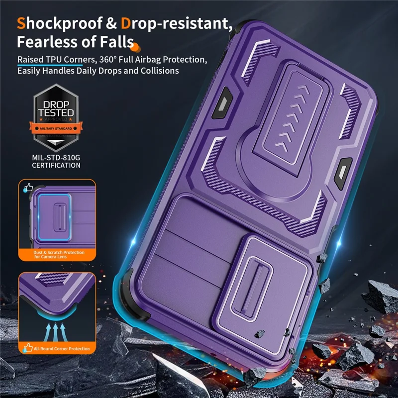 For Samsung Galaxy A26 5G  /  A17 5G  /  A17 4G Case Slide Lens Shield PC + TPU Kickstand Phone Cover - Purple