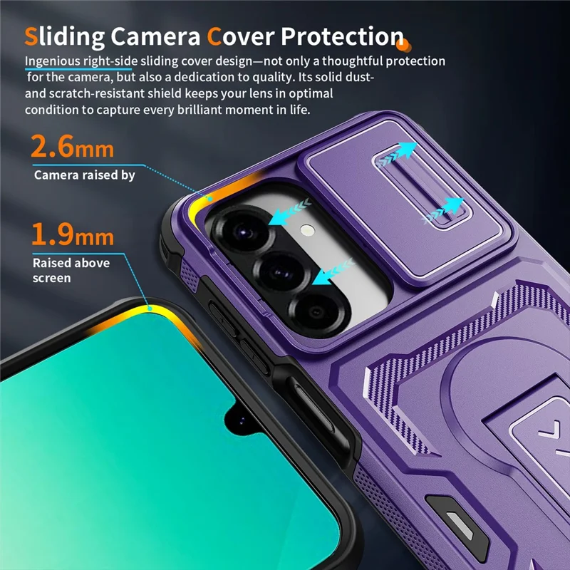For Samsung Galaxy A26 5G  /  A17 5G  /  A17 4G Case Slide Lens Shield PC + TPU Kickstand Phone Cover - Purple