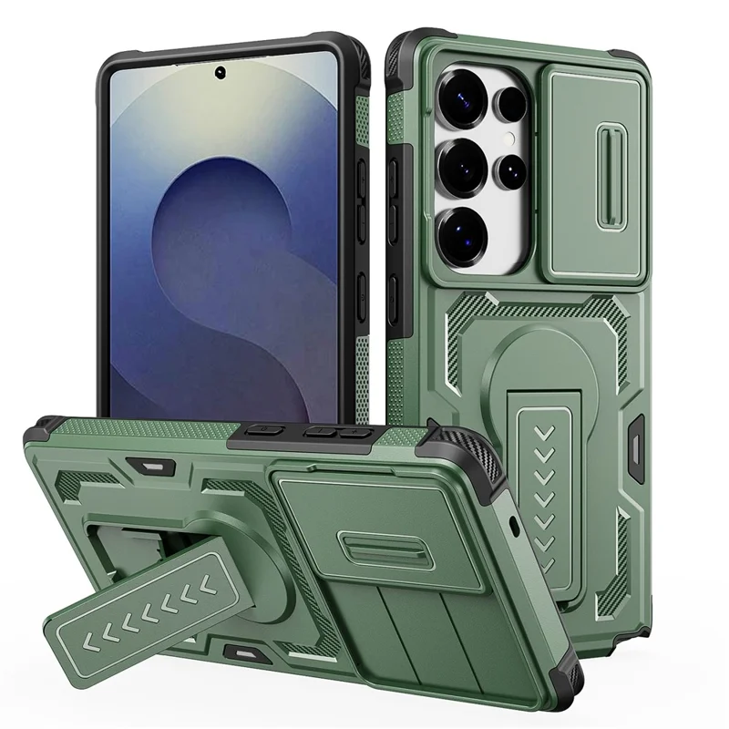 For Samsung Galaxy S25 Ultra Case Slide Lens Shield PC + TPU Kickstand Phone Cover - Green