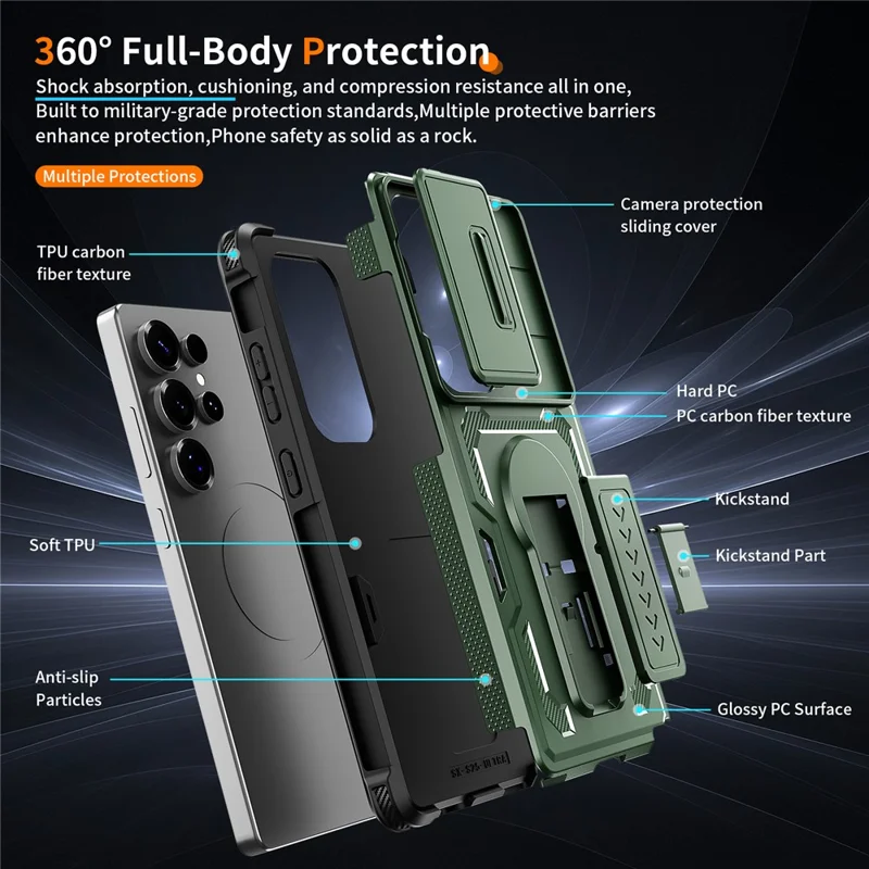 For Samsung Galaxy S25 Ultra Case Slide Lens Shield PC + TPU Kickstand Phone Cover - Green