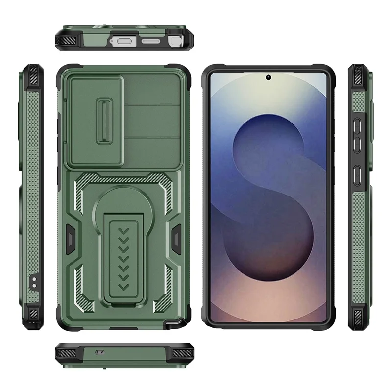For Samsung Galaxy S25 Ultra Case Slide Lens Shield PC + TPU Kickstand Phone Cover - Green