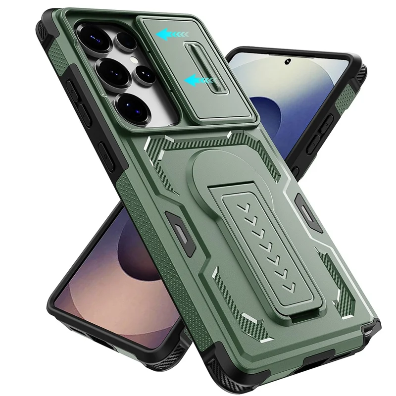 For Samsung Galaxy S25 Ultra Case Slide Lens Shield PC + TPU Kickstand Phone Cover - Green