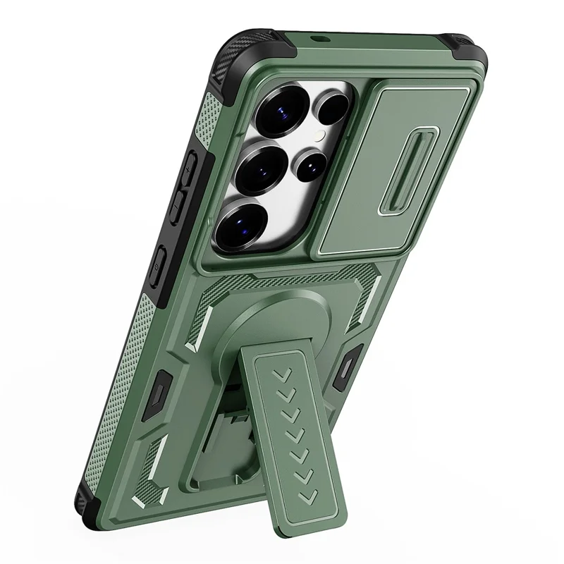 For Samsung Galaxy S25 Ultra Case Slide Lens Shield PC + TPU Kickstand Phone Cover - Green