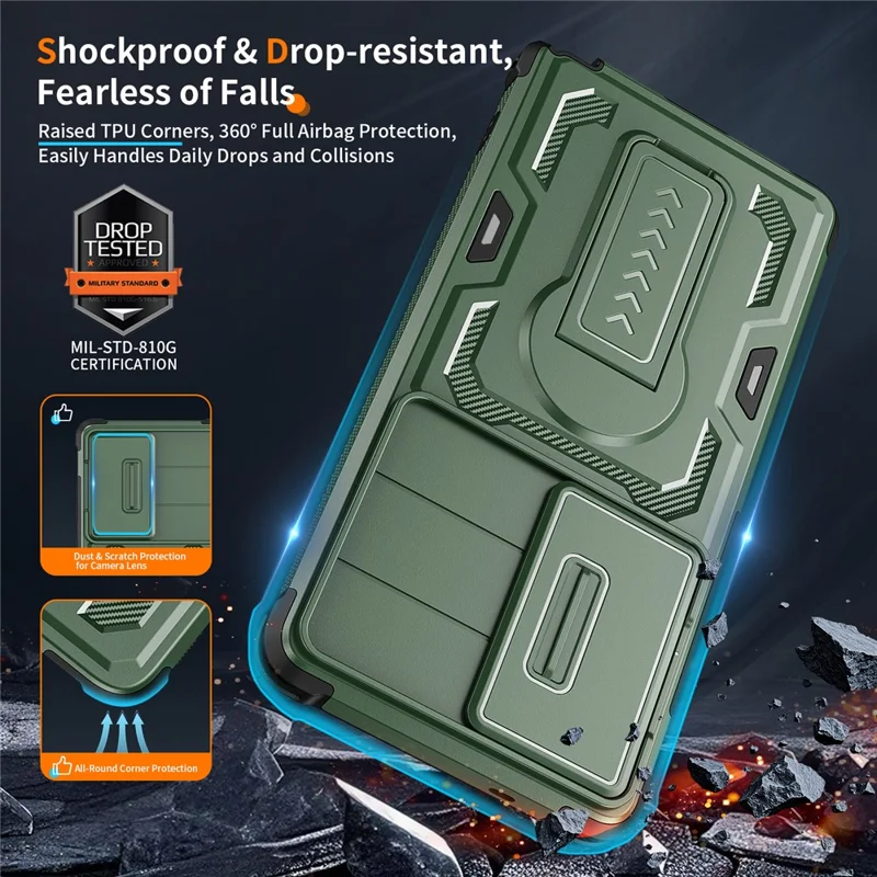 For Samsung Galaxy S25 Ultra Case Slide Lens Shield PC + TPU Kickstand Phone Cover - Green