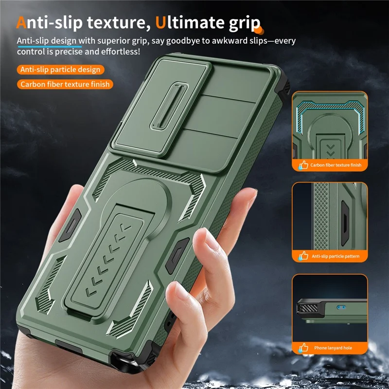 For Samsung Galaxy S25 Ultra Case Slide Lens Shield PC + TPU Kickstand Phone Cover - Green