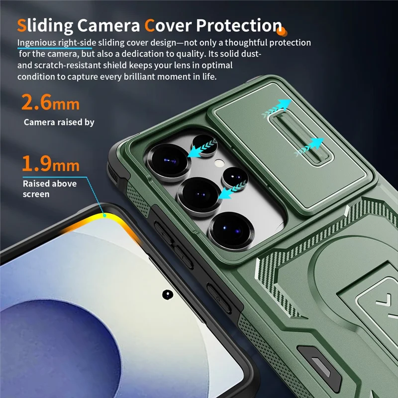 For Samsung Galaxy S25 Ultra Case Slide Lens Shield PC + TPU Kickstand Phone Cover - Green