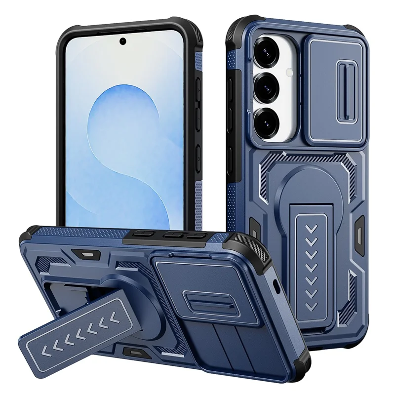 For Samsung Galaxy S25  /  S24 Case Slide Lens Shield PC + TPU Kickstand Phone Cover - Blue