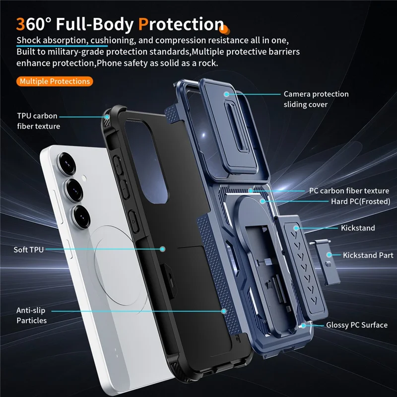 For Samsung Galaxy S25  /  S24 Case Slide Lens Shield PC + TPU Kickstand Phone Cover - Blue